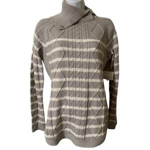 Croft And Barrow Sweater Women's Size Med Gray White Striped Cozycore High Neck